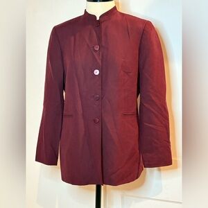 Vintage Josephine Chaus silk linen wine mandarin collar Nehru jacket blazer